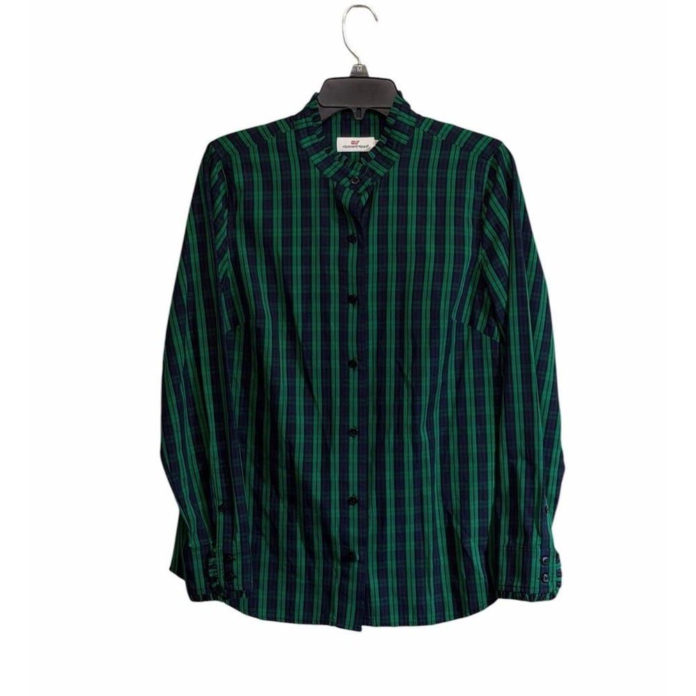 Vineyard Vines Med Blue and Green Classic Plaid Ruffle Button Down Shirt